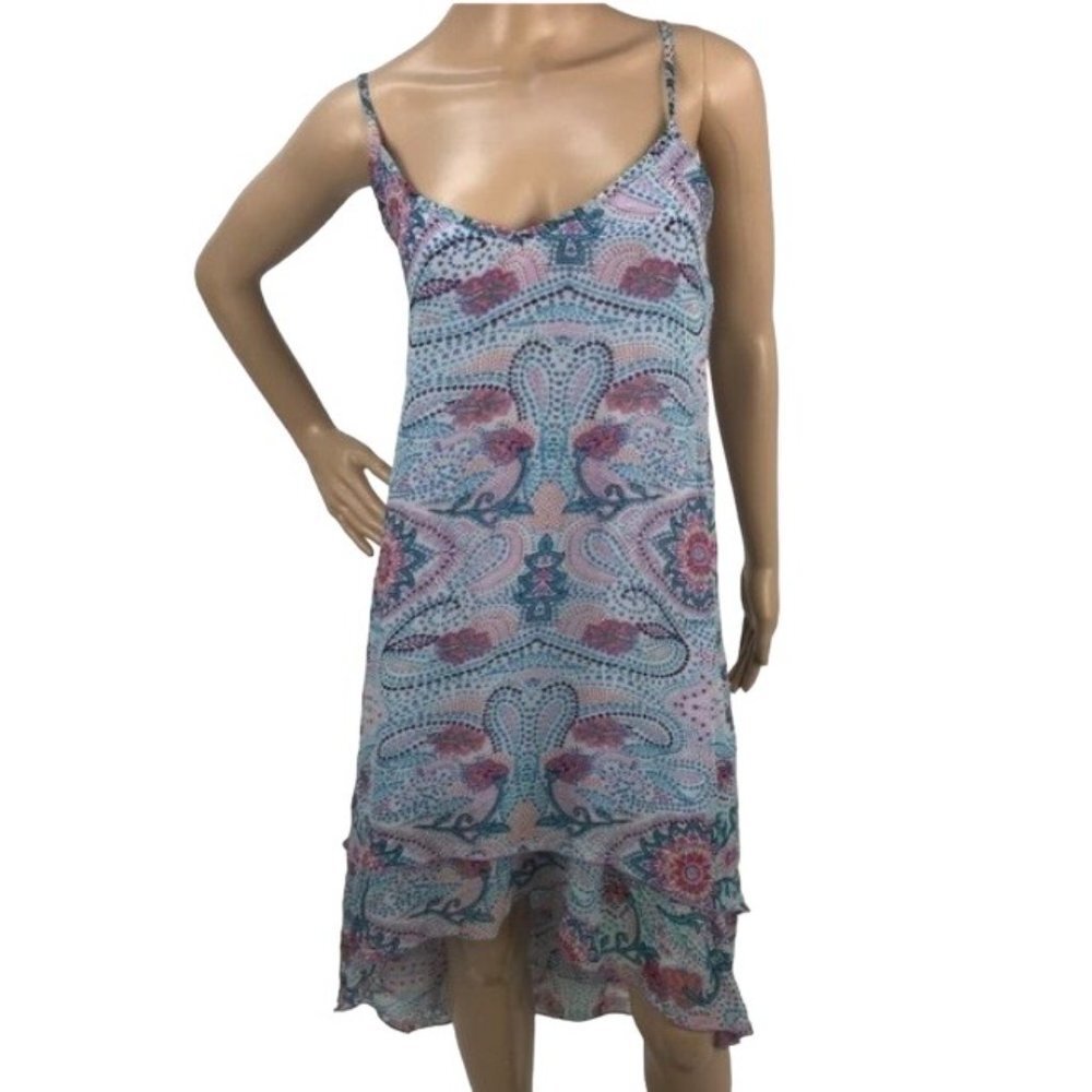 35 NEWS Boho Floral Paisley Printed Chiffon Hi Low Sleeveless Mini Dress Size 14